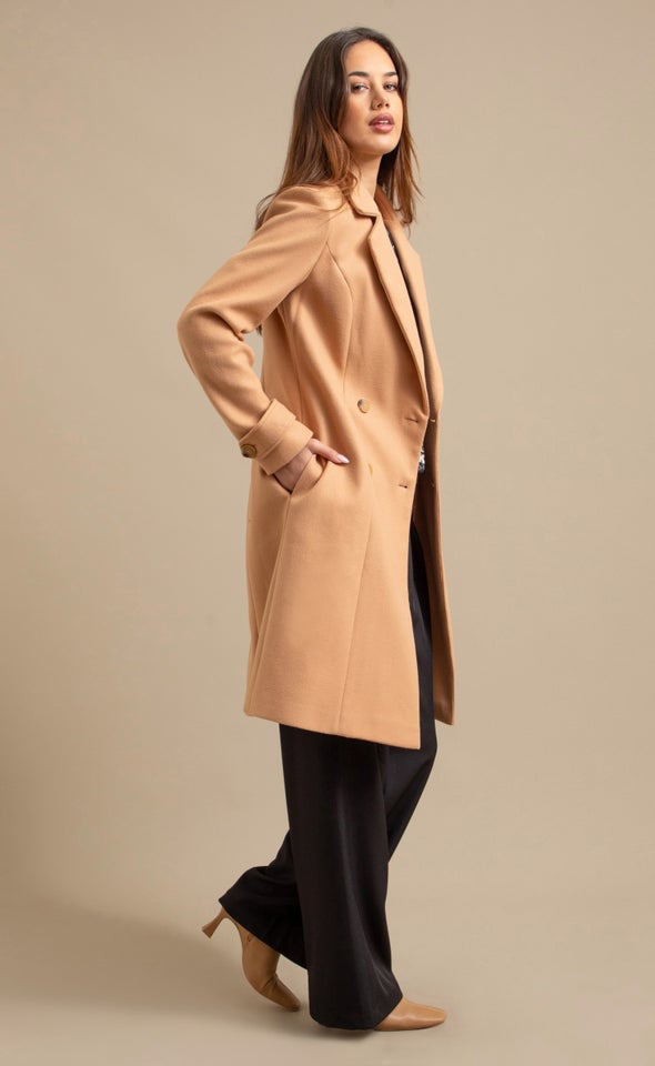 Double Button Detail Flare Coat Camel