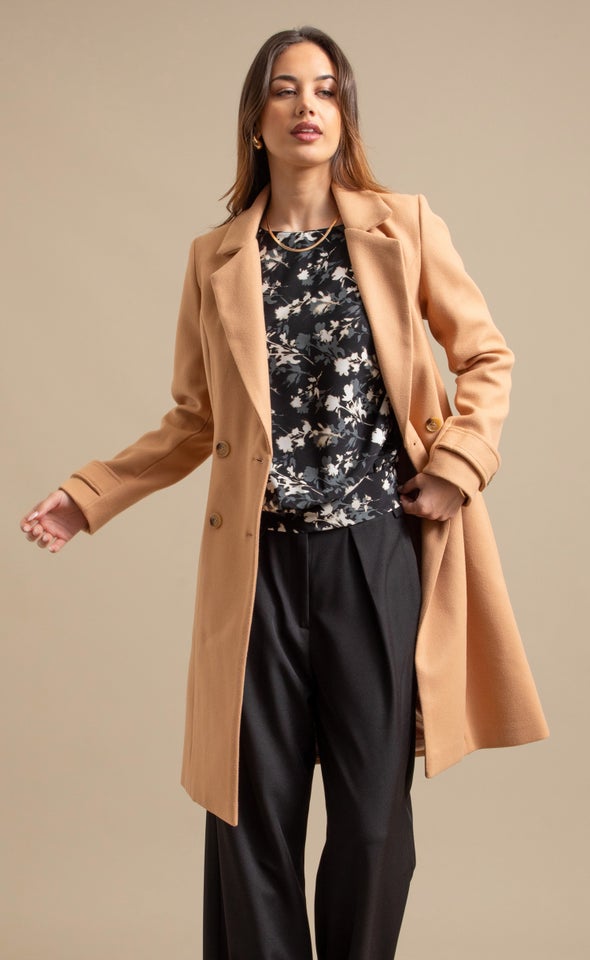 Double Button Detail Flare Coat Camel