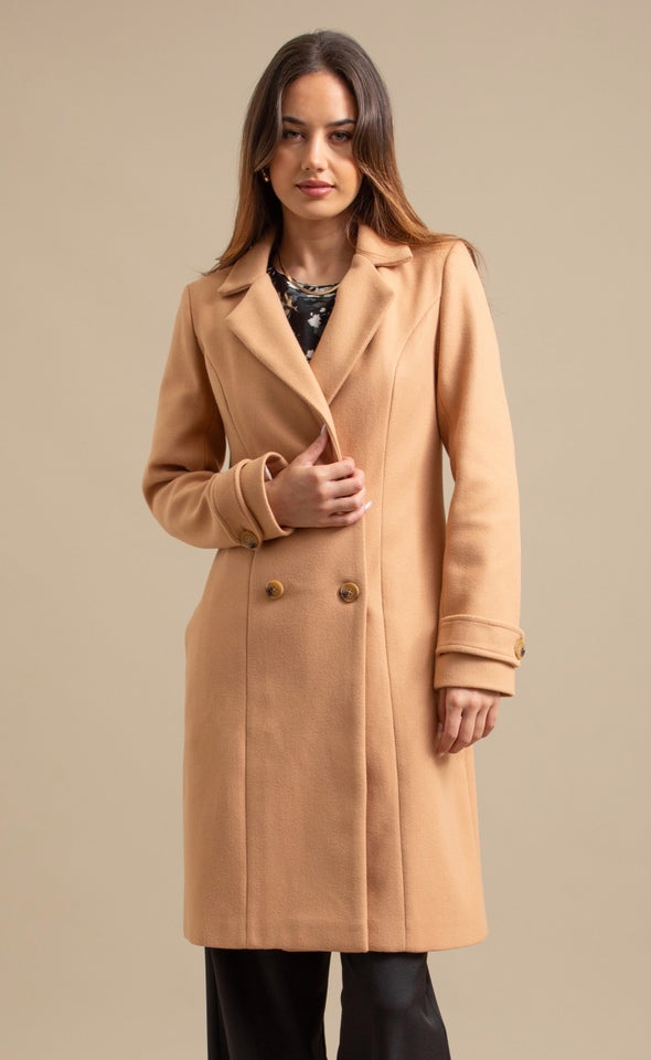 Double Button Detail Flare Coat Camel