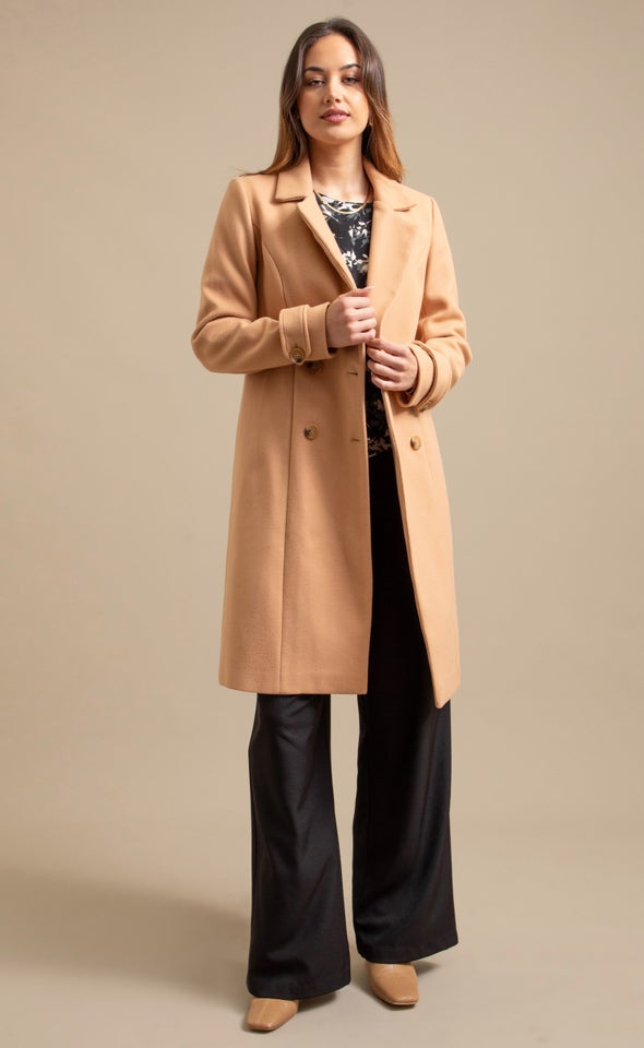 Double Button Detail Flare Coat Camel