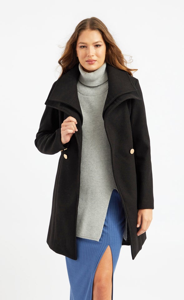 Double Collar Belted Coat Black