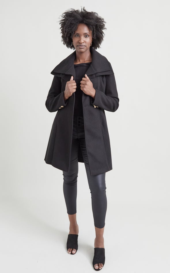Double Collar Belted Coat Black