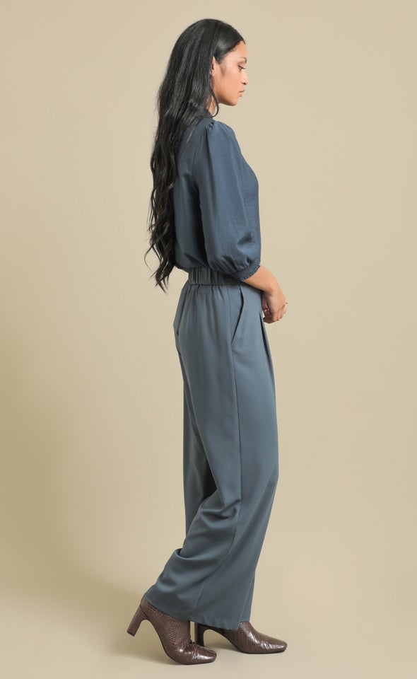 Elastic Back Wide Leg Pants Blue Grey