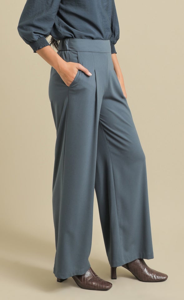 Elastic Back Wide Leg Pants Blue Grey