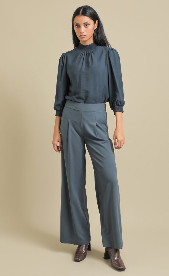 Elastic Back Wide Leg Pants Blue Grey