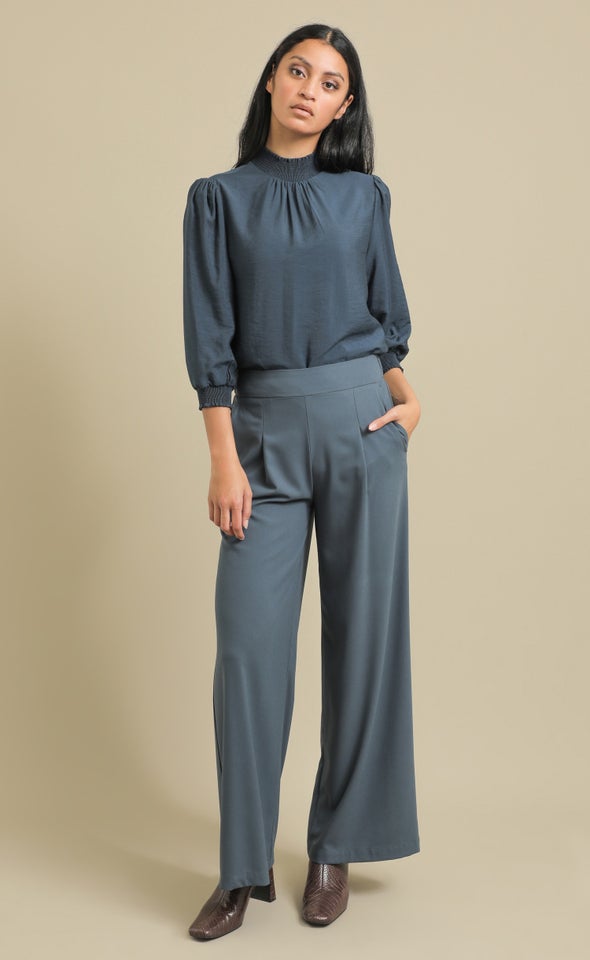 Elastic Back Wide Leg Pants Blue Grey