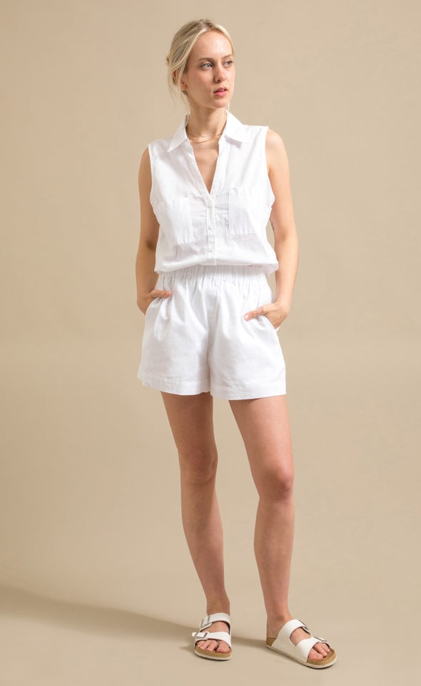 Elastic Waist Linen Blend Short White