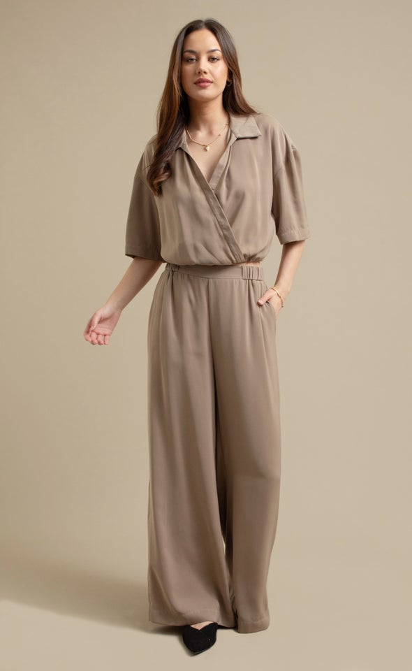 Elastic Waist Wide Leg Pants Natural