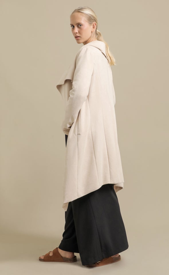 Faux Suede Draped Front Coat Natural