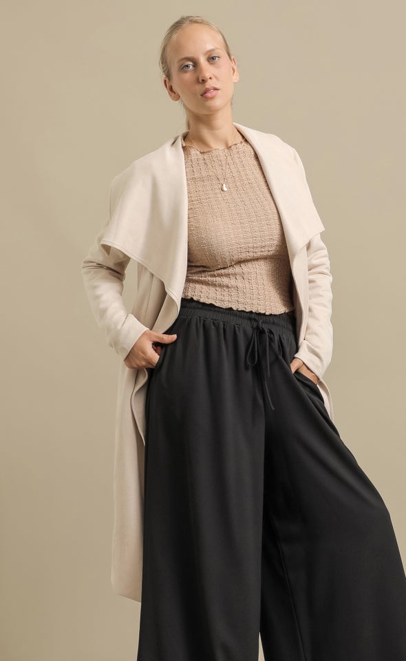 Faux Suede Draped Front Coat Natural