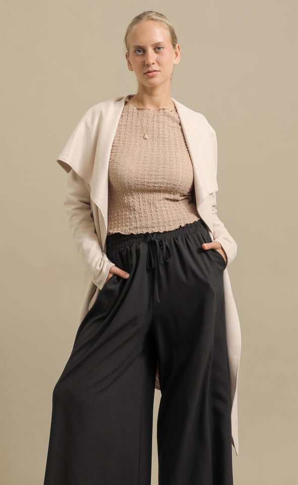 Faux Suede Draped Front Coat Natural