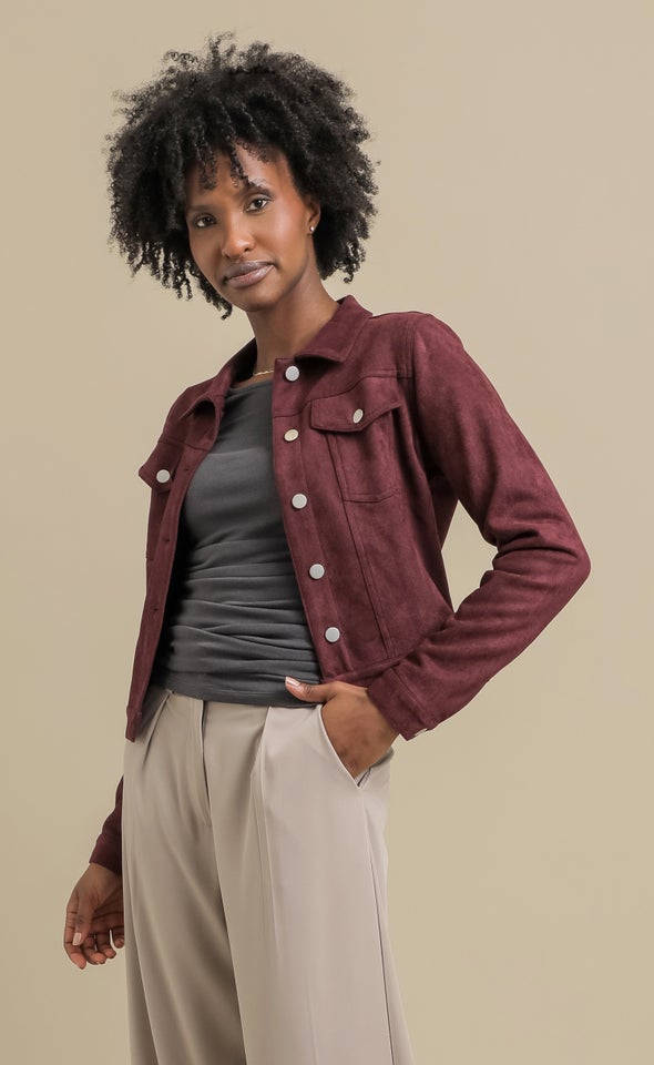 Faux Suede Jean Jacket Maroon