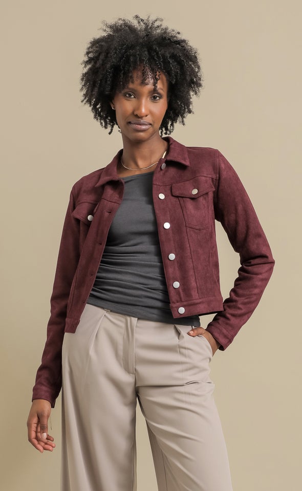 Faux Suede Jean Jacket Maroon