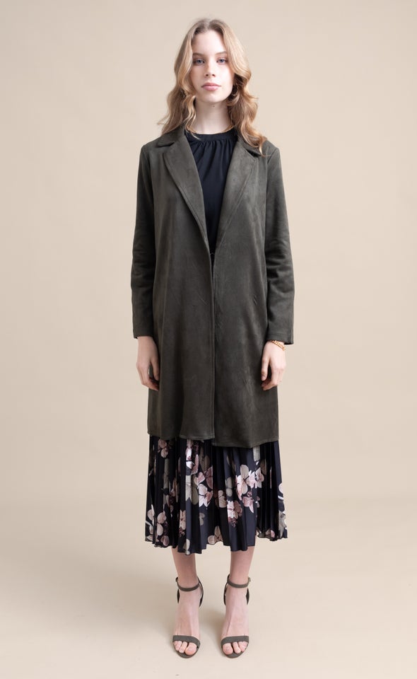 Faux Suede Longline Jacket Olive