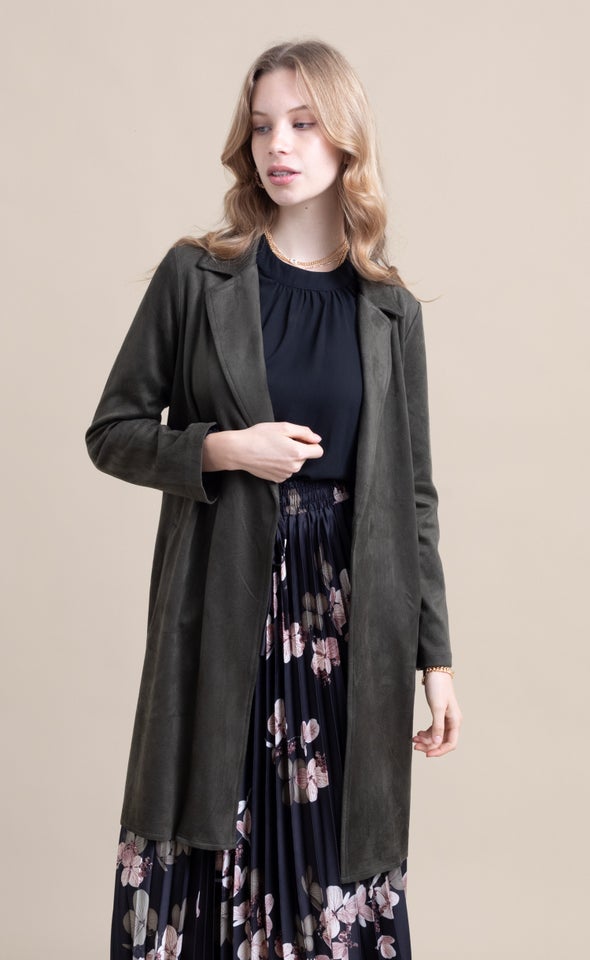 Faux Suede Longline Jacket Olive