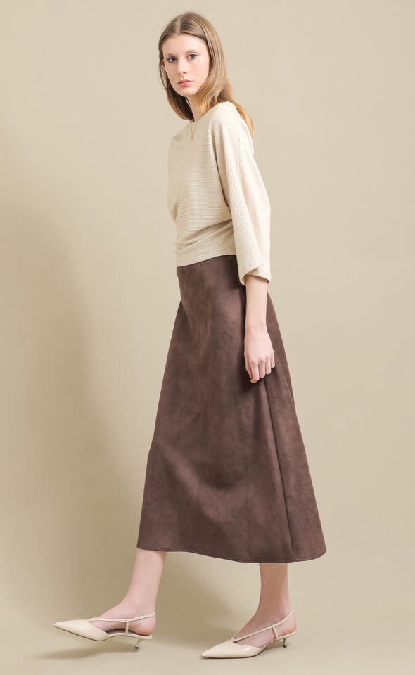 Faux Suede Maxi Bias Skirt Chocolate