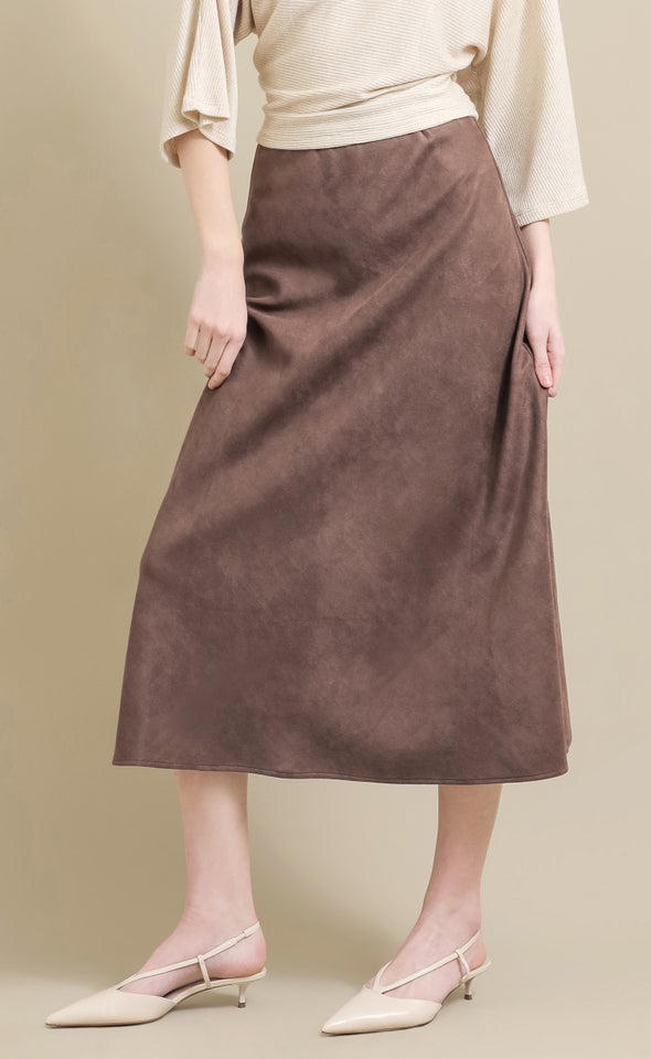 Faux Suede Maxi Bias Skirt Chocolate