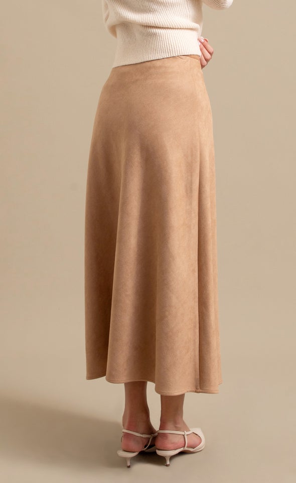 Faux Suede Maxi Bias Skirt Tan