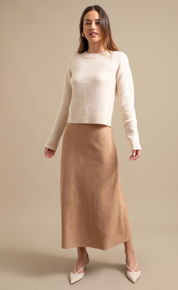 Faux Suede Maxi Bias Skirt Tan