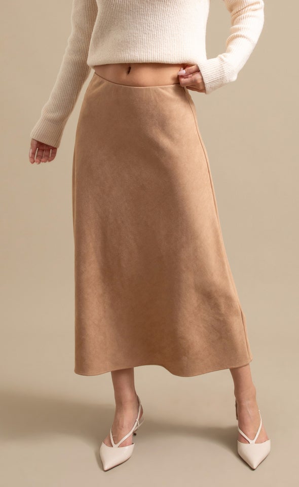 Faux Suede Maxi Bias Skirt Tan
