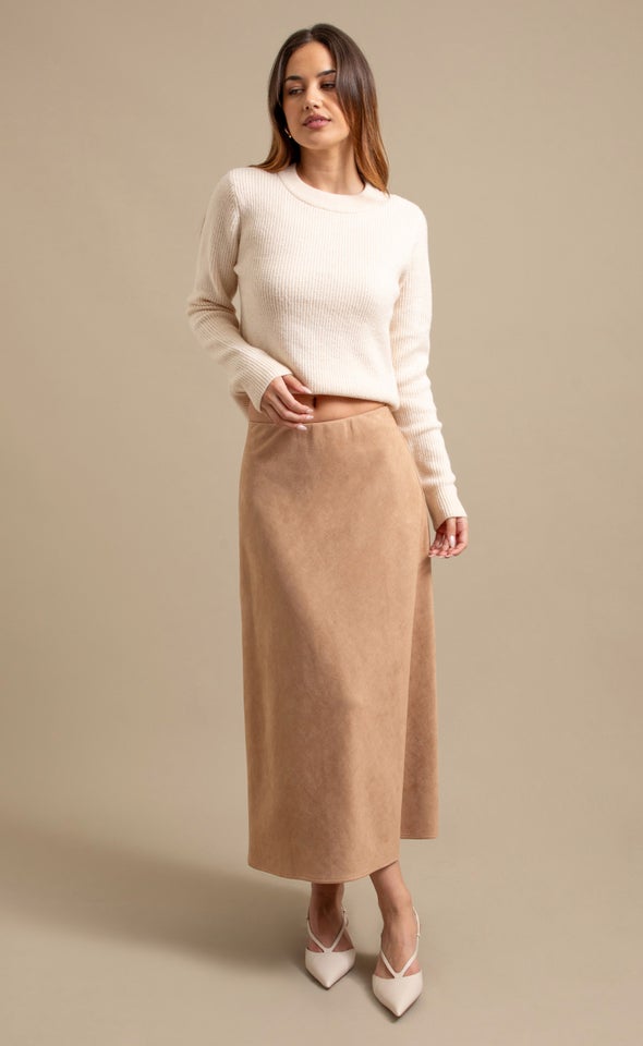 Faux Suede Maxi Bias Skirt Tan