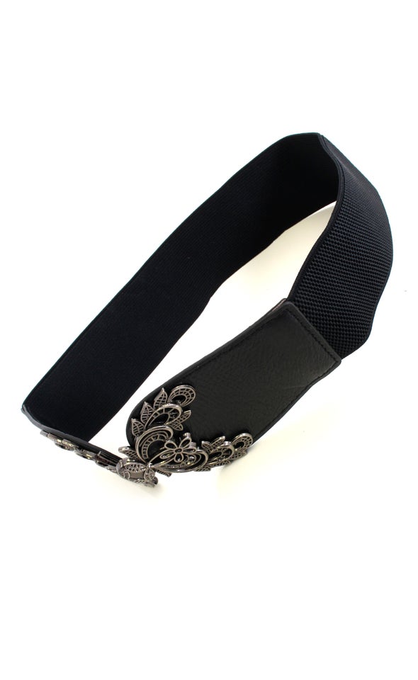 Filigree Clasp Elastic Belt Black