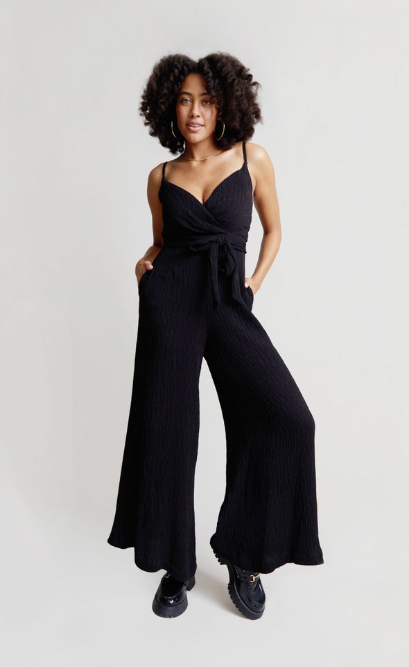 Fine Plisse Satin Jumpsuit Black