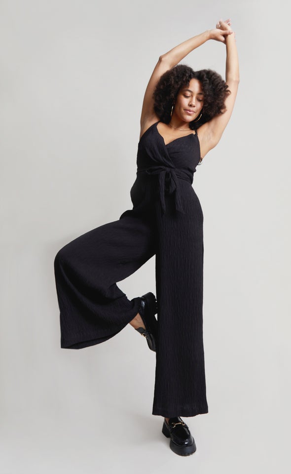 Fine Plisse Satin Jumpsuit Black