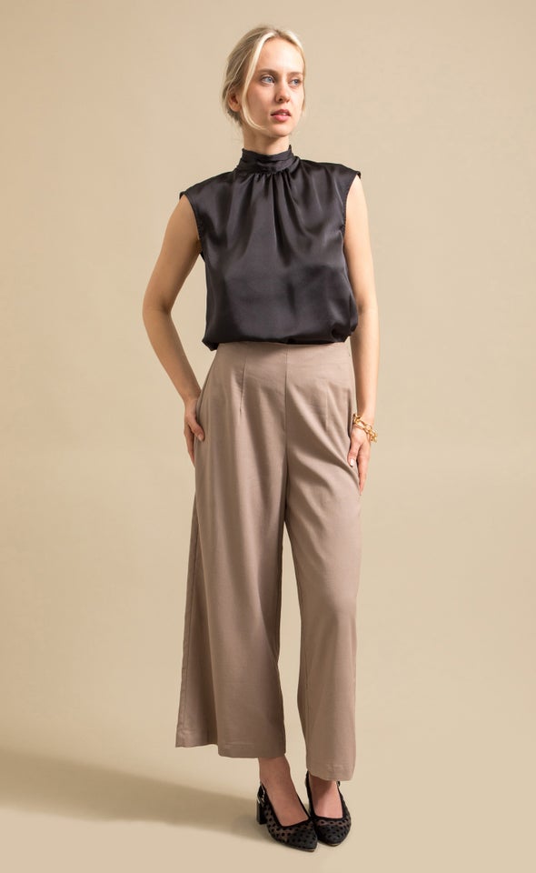 Flat Front Linen Look Pant Taupe