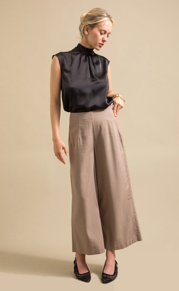 Flat Front Linen Look Pant Taupe