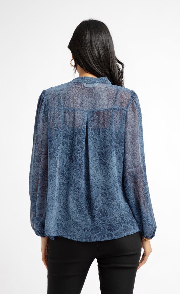 Floral Chiffon Full Sleeve Shirt Blue Print