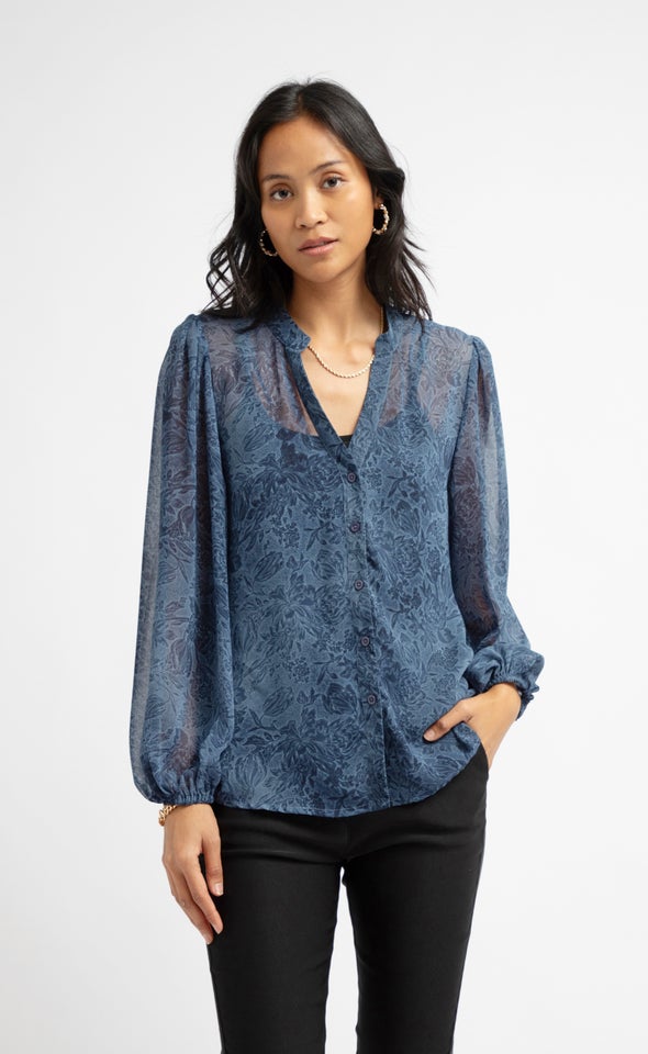 Floral Chiffon Full Sleeve Shirt Blue Print