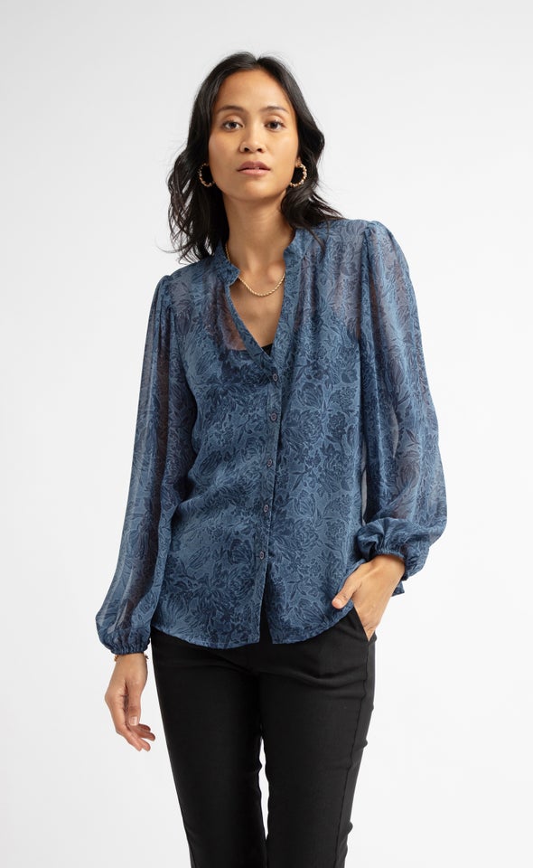 Floral Chiffon Full Sleeve Shirt Blue Print