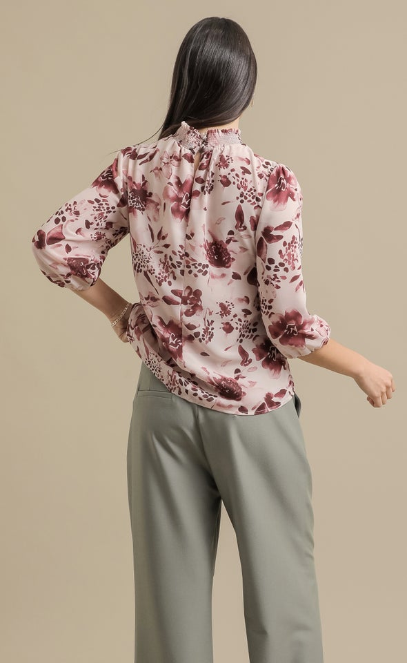 Floral Chiffon High Neck Top Maroon Print