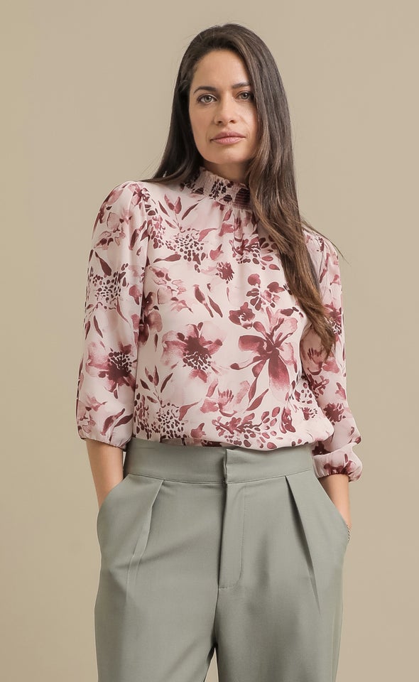 Floral Chiffon High Neck Top Maroon Print