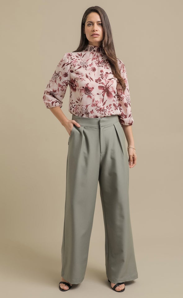 Floral Chiffon High Neck Top Maroon Print