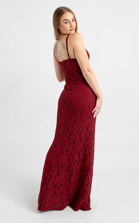 Floral Lace Trim Gown Maroon