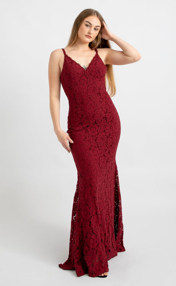 Floral Lace Trim Gown Maroon