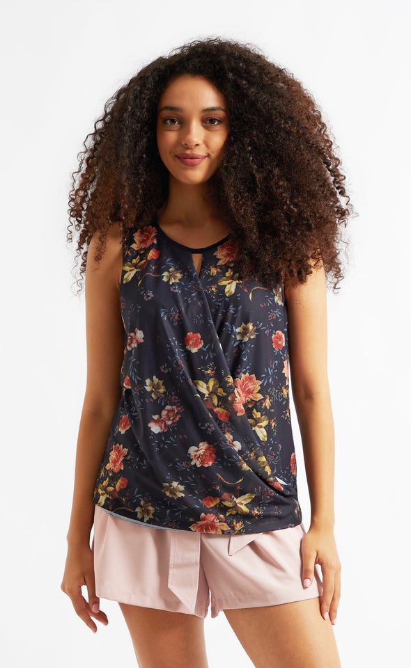 Floral Mesh Front Crossover Top Navy Floral