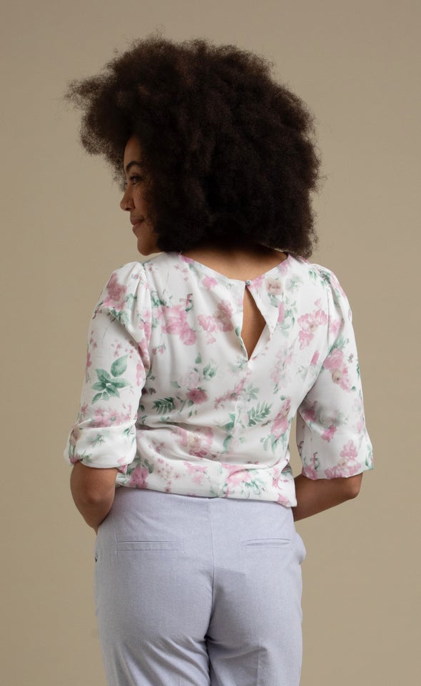 Floral Print Elastic Hem Top Cream/pink Floral