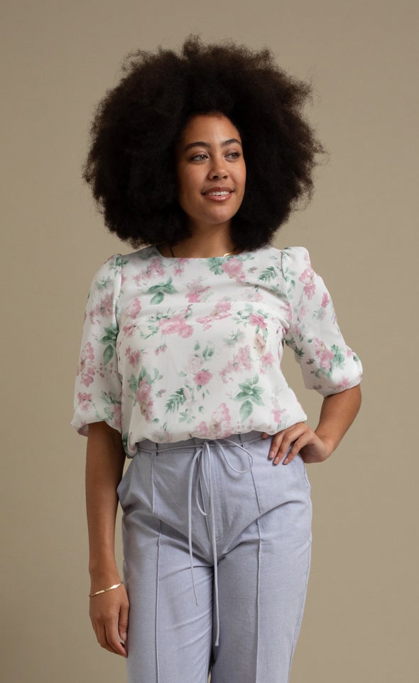 Floral Print Elastic Hem Top Cream/pink Floral
