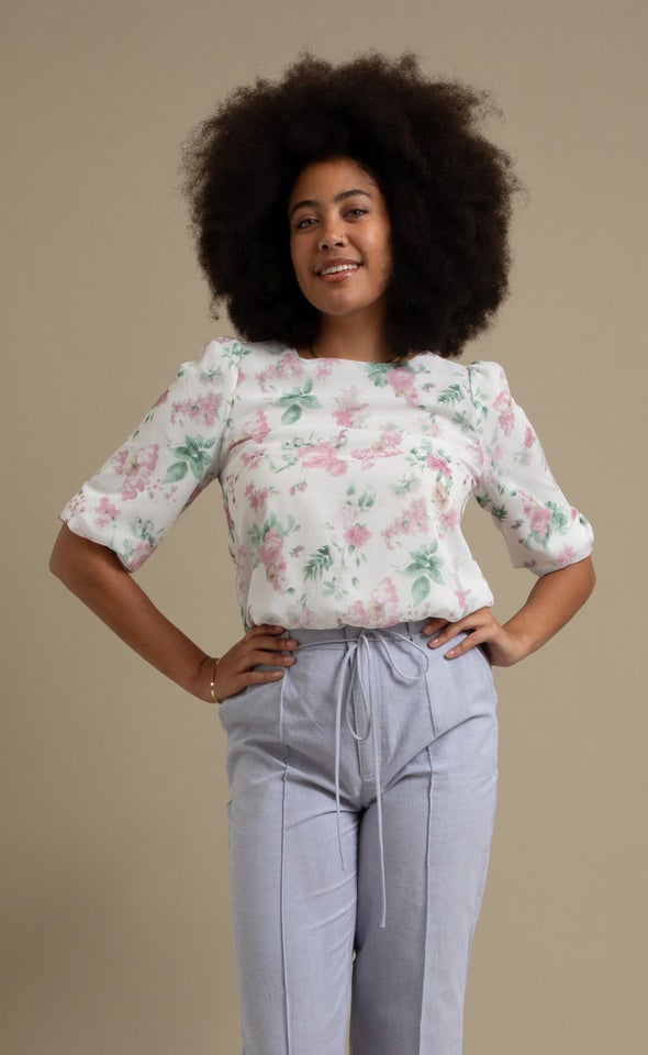 Floral Print Elastic Hem Top Cream/pink Floral