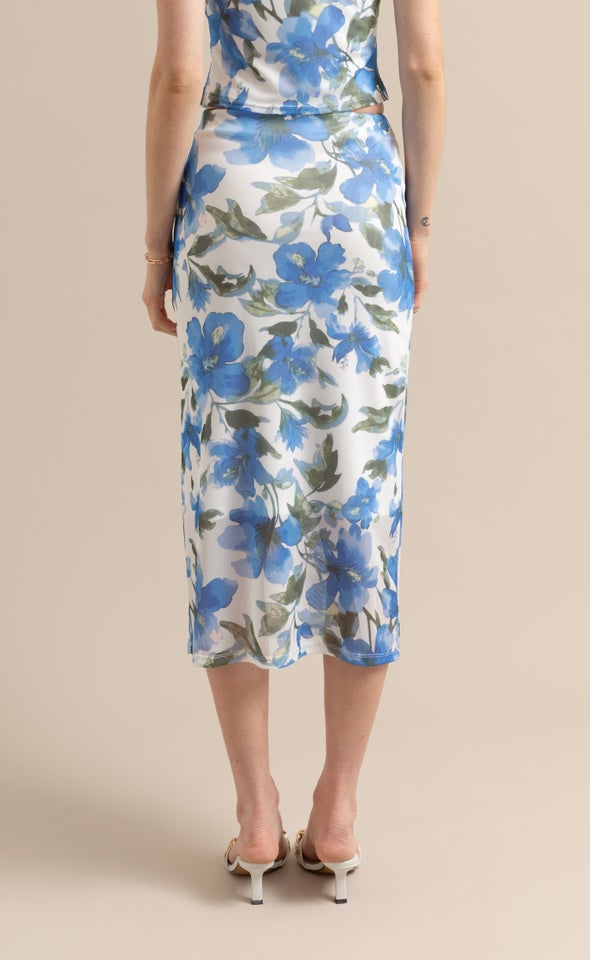 Floral Print Mesh Midi Blue Floral