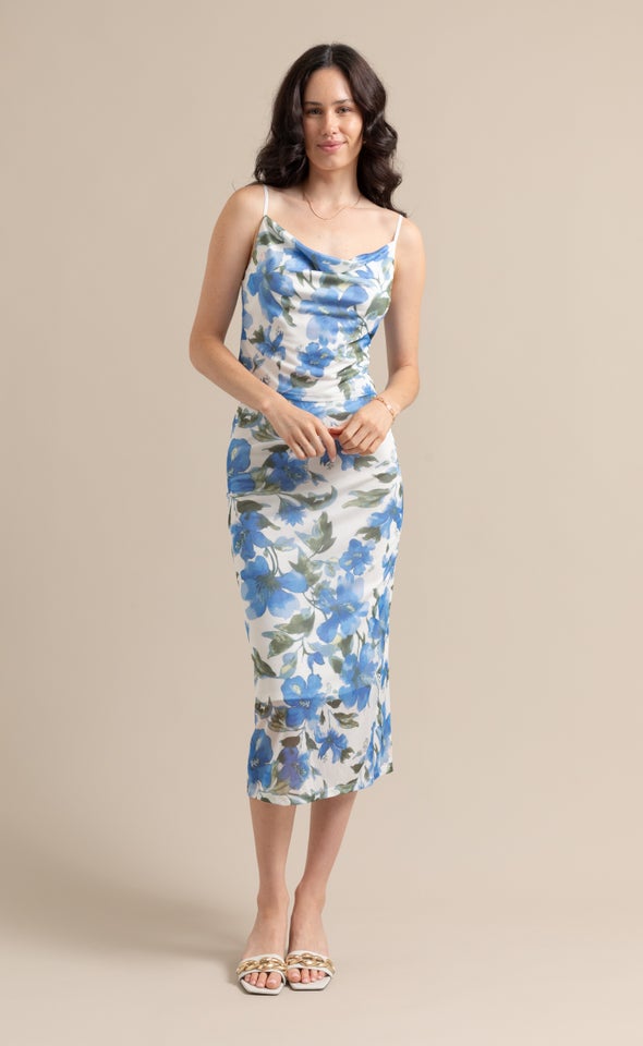 Floral Print Mesh Midi Blue Floral