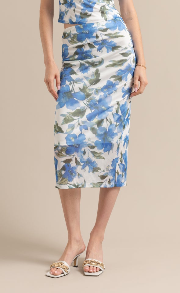 Floral Print Mesh Midi Blue Floral