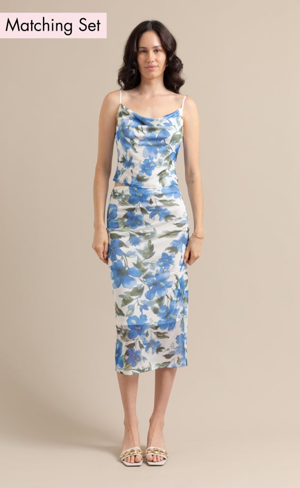 Floral Print Mesh Midi Blue Floral