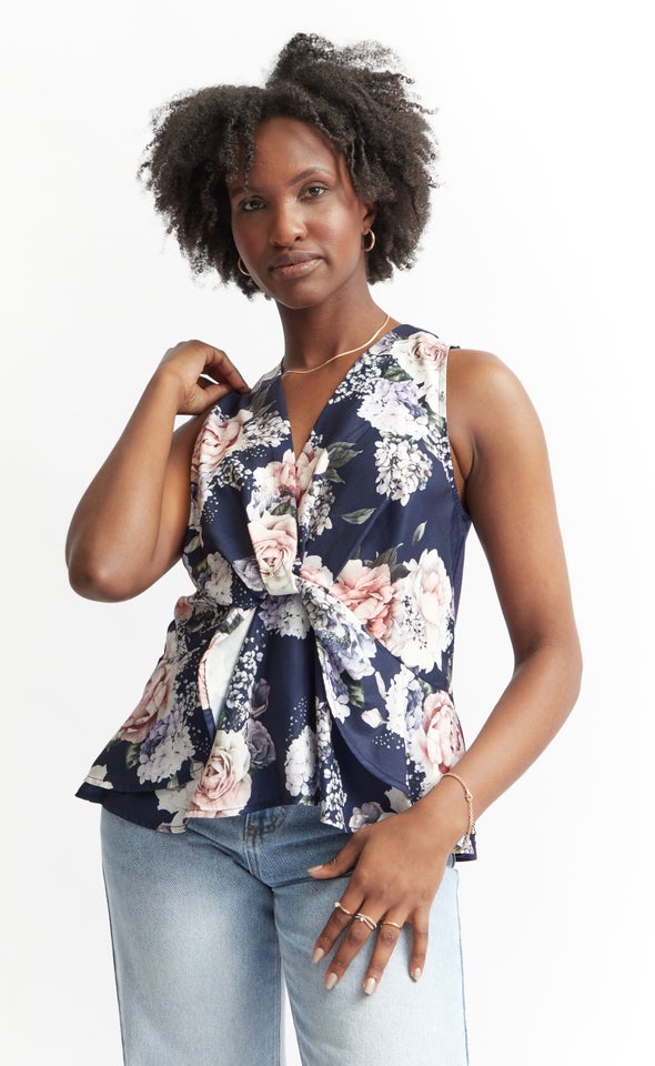Floral Print Peplum Top Navy Floral