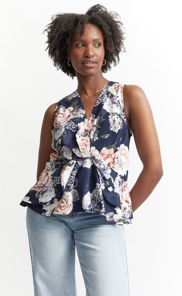 Floral Print Peplum Top Navy Floral
