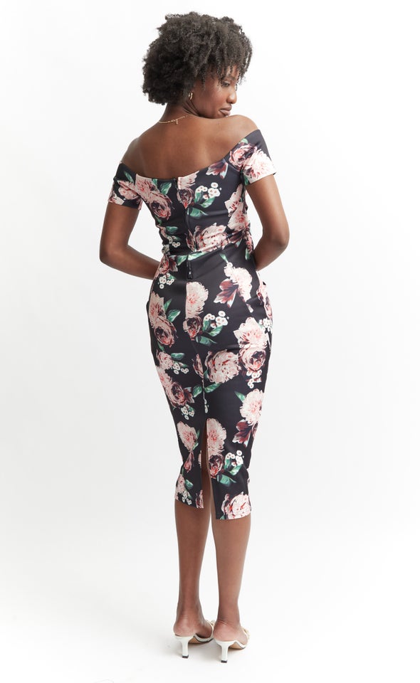 Floral Scuba Notch Neck Dress Black Floral