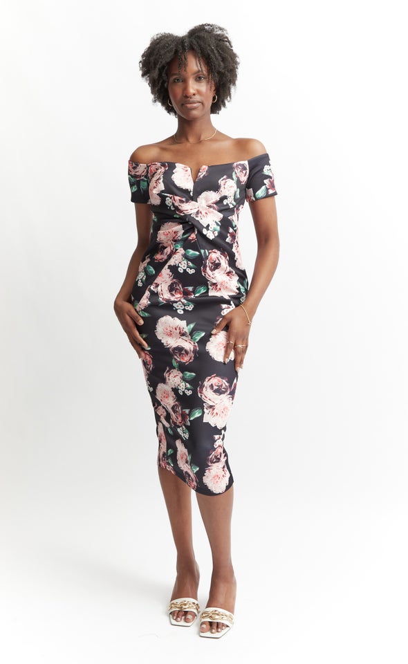 Floral Scuba Notch Neck Dress Black Floral